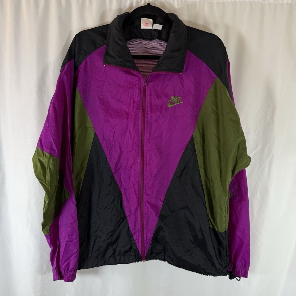 Vintage Nike Windbreaker Women's XL Purple Full Zip Hooded Zip Pockets
